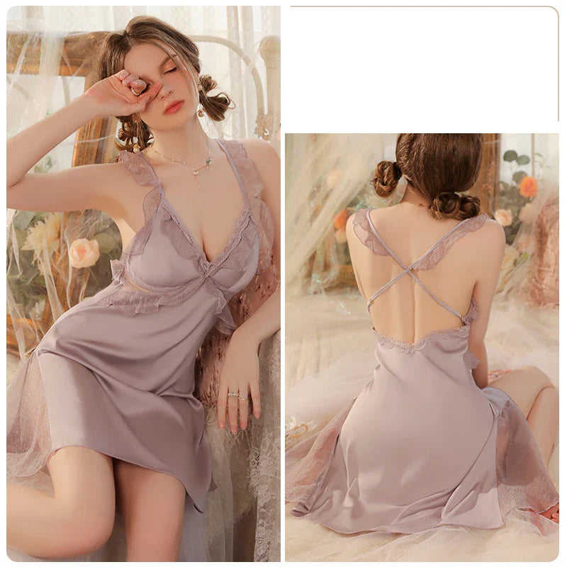 YESMYTOOL  -  Beauty Back Nightdress Women Sleepwear With Chest Pad Sexy Lingerie Ice Silk Deep V Pajamas Nighties Nightwear Bridesmaids Gifts