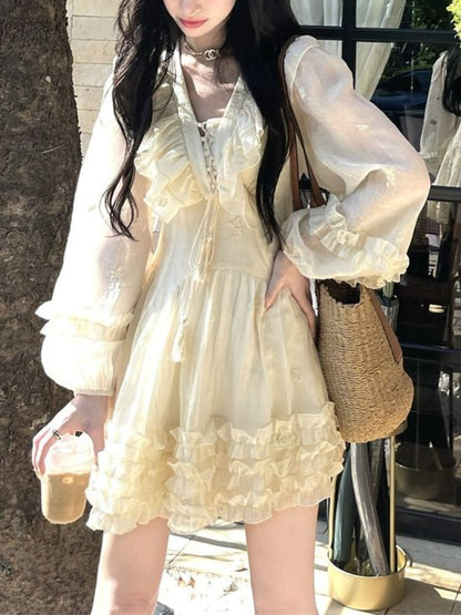 Sweet Ruffle Fairy Mini Dress Women Sexy V-neck Korean Style Princess Dress Autumn Design Elegant Women's Dresses for Party