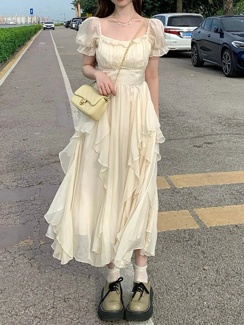 Summer Chiffon Fairy Dress Women Solid Elegant Party Midi Dress Female Casual Sweet Korean Fashion Pink Dress New Clothes