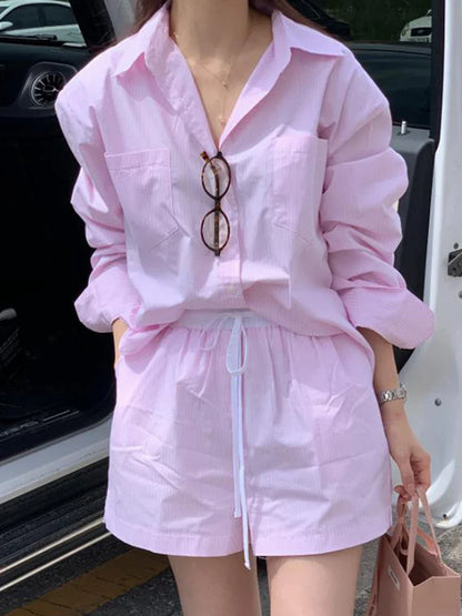 dingdamall  - Korean Fashion Striped 2 Piece Set Summer Long Sleeve Pocket Blouse+Drawstring Shorts Sets 2024 New Casual Elegant Women's Suits