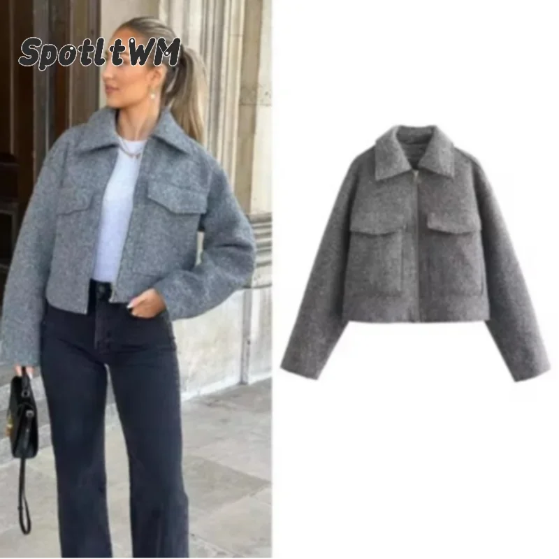 Women's Solid Aviator Jacket With Pockets Front Zipper Lapel Short Bomber Jacket Autumn Winter Casual Cropped Outerwear