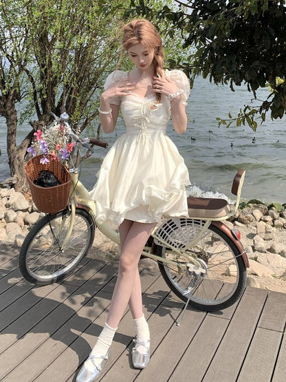 Summer Chiffion Elegant Midi Dress Women Kawaii Clothing Short Sleeve Beach Style Party Dress Office Lady Korean Fashion