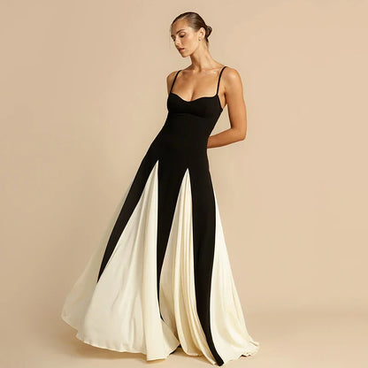 Contrast Color Suspender Maxi Evening Dress Women's With Lining Sexy Backless Splice Sleeveless Long Party Dress Female