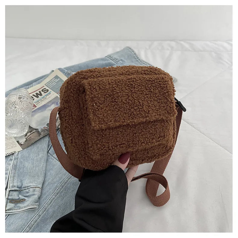 Korean Plush Fabric Women's Shoulder Crossbody Bag Small Fashion Lambs Wool Fluffy Fur Winter Female Bag Designer Handbags