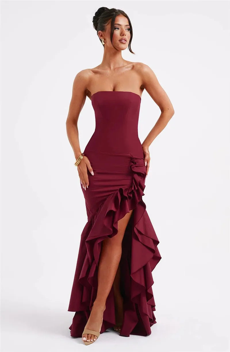 Strapless High Split Ruffle Long Dress For Women Fashion Off-shoulder Backless Sleeveless Bodycon Club Party Sexy Dress