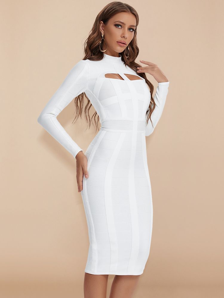 Women White Hollow Out HL Bandage Dress  Long Sleeve Bodycon Sexy Cut Out High Neck Party Red Black Midi Dress Plus XL