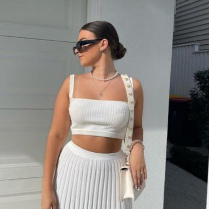 White Knit Two Piece Women Sets Fall Ribbed Tank Top And Pleated Knitted Skirt Suits For Women Long Dress Sets Summer