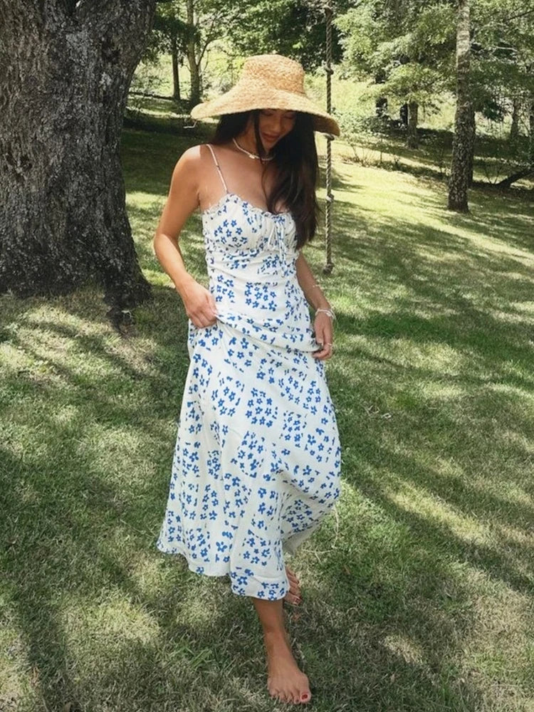 YESMYTOOL  -  Ruffles Straight Elegant Women's Dress Summer Printed Boho Beach Maxi Dress Spaghetti Strap Floral Blue Sundress 2024