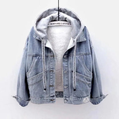 Blue Deconstructable Hooded Turn-down Collar Denim Jacket Women Loose Button Patchwork Outwear Jean Coat Female