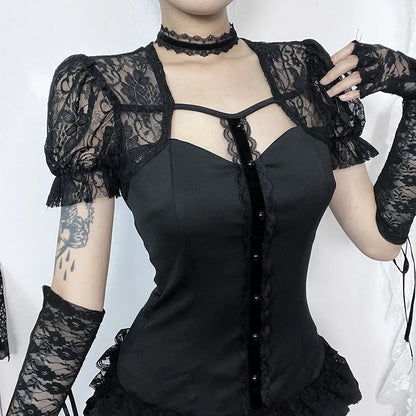 Fairycore Lace Patchwork Puff Sleeve T-Shirts Lady Elegant Blouse Sexy Hollow Out Slim Tops Mall Gothic Techwear Cloth