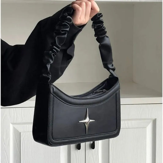 Vintage Pleated Star Black Women's Handbags Fashion Simple Trendy Shoulder Crossbody Bag Korean Y2k Girls Casual Top-Handle Bags