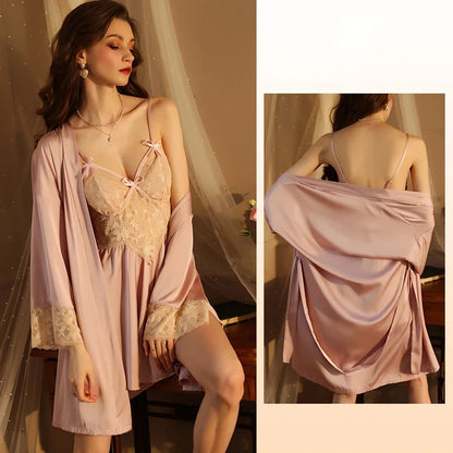 YESMYTOOL  -  Sexy Pajamas for Women Sleepwear Summer Ice Silk Nightgown Bathrobe Suspender Sex Lingerie Nightdress with Robe Babydoll Chemise