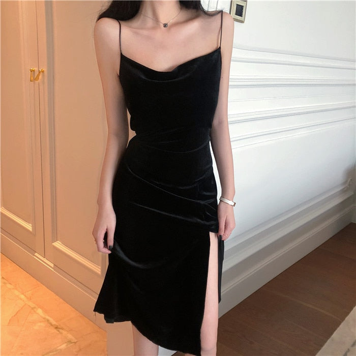 Vintage Women Dress Spaghetti Strap Slit Velvet Black Dress Sexy Bodycon Bandage Dress Midi Party Dress Verano Vestidos