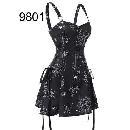 Celestial Sun Moon Print Lace Up Mini Dress Summer Gothic Women Square Neck Witchcore Vestidos