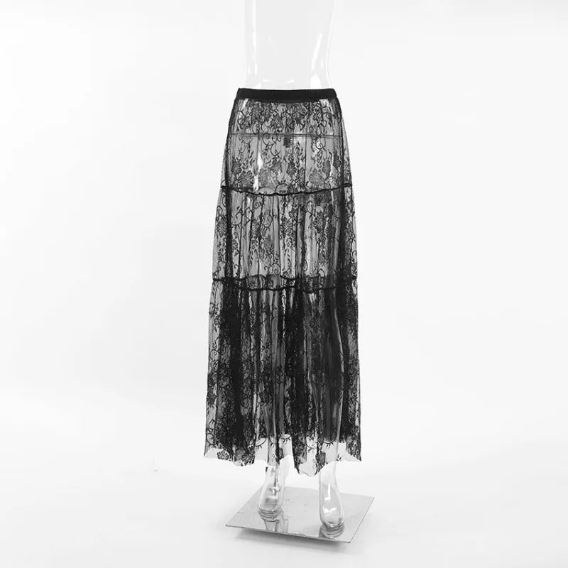 Black Sexy Lace Skirt Women Fashion Thin Transparent Casual Hollow Out High Waist Loose A-line Long Skirt Party