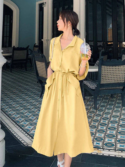 YESMYTOOL  -  Elegant Vintage Long Dress Women Summer Loose Casual Shirt Dresses Office Lady Solid High Street Korean Fashion Robe