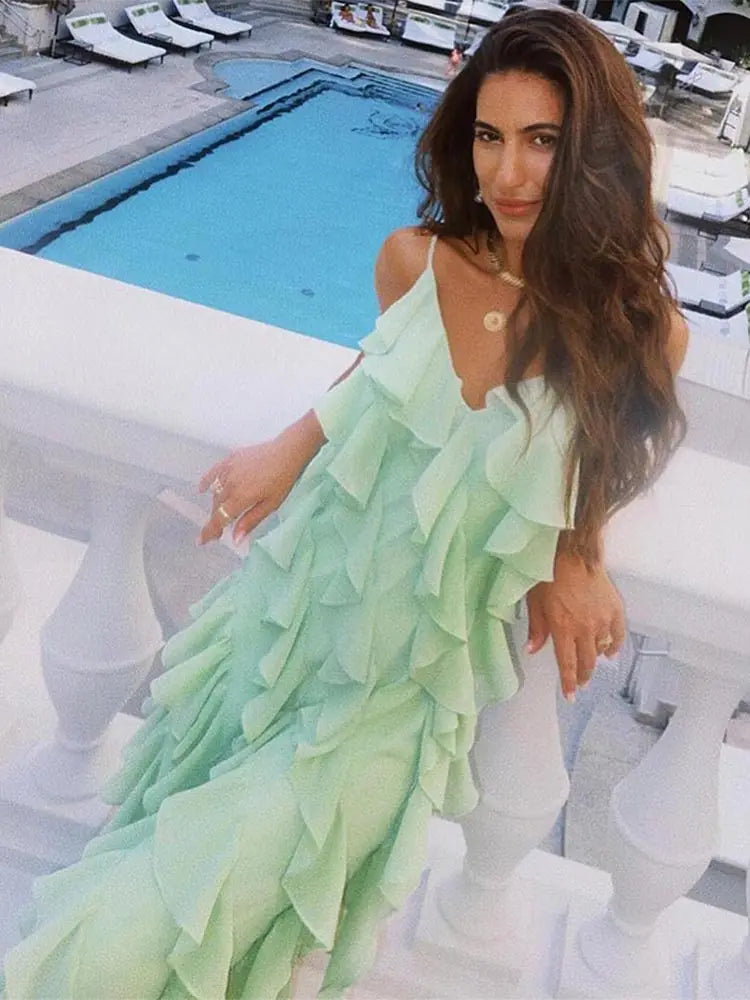 YESMYTOOL  -  Fashion Green Women Sling Maxi Dress Elegant V-neck Sleeveless Slim Dresses 2024 Summer Female Chic Beach Vacation Robes