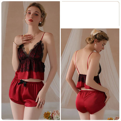 dingdamall  -  Sexy Sweet Sleepwear Satin Lace Deep V Sling Tops and Shorts 2pcs Set Comfortable Pajamas Two-piece Suit Nighty for Women