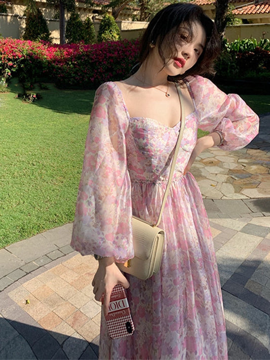 Vintage Long Sleeve One Piece Chiffon Dress for Women Fairy Elegnat French Floral Party Midi Dresses Evening Korean Summer