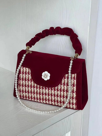 Retro Flower Pearl Beaded Shoulder Bags for Women Vintage Velvet Female Chain Crossbody Bag Ladies Handbags Clutch Purse