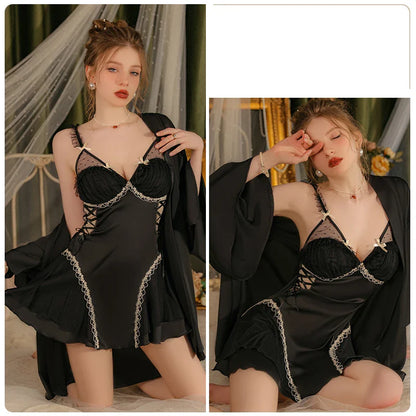 YESMYTOOL  -  Sweet Women Pajamas Bathrobe Backless Suspender Nightdress Sexy V Neck Lace Silk Nightgown Robe Set Homewear Bridesmaids Gifts