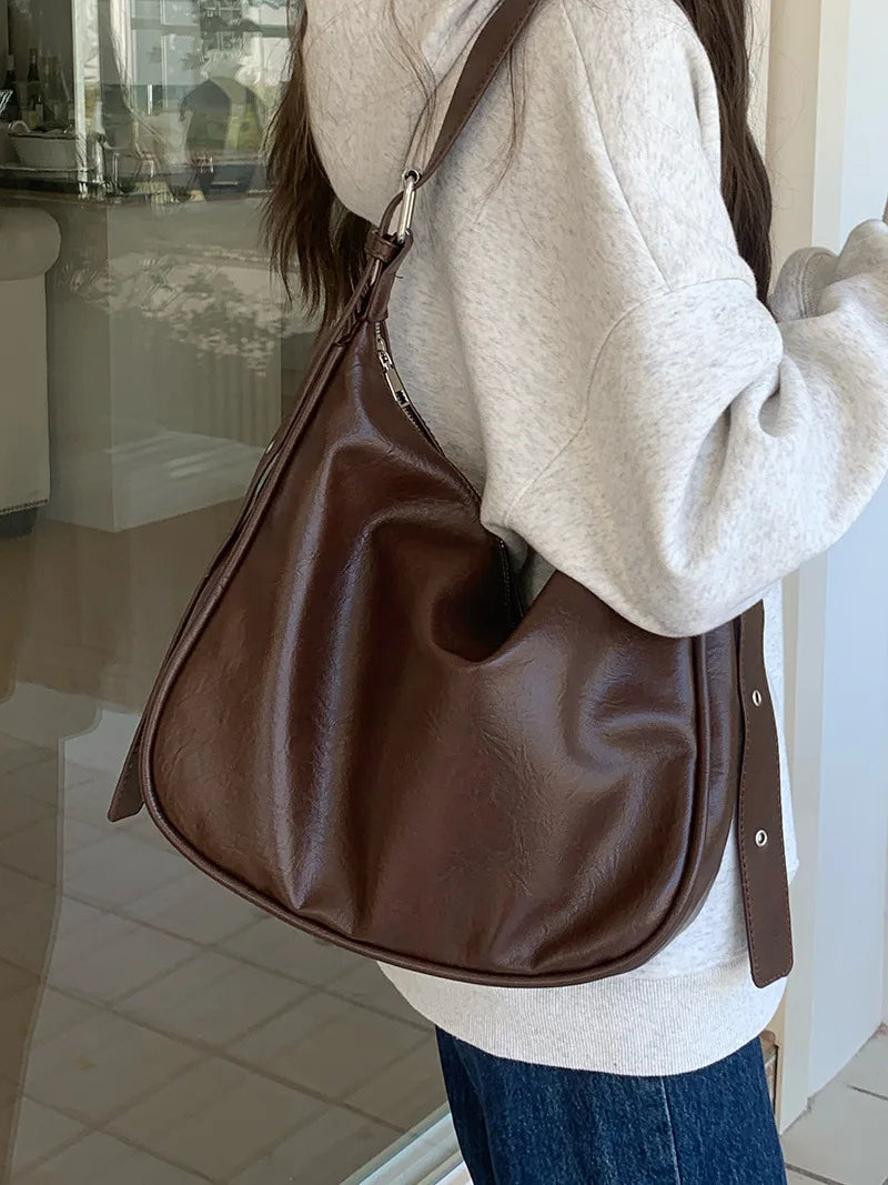 Retro Solid Color Women's Large Shoulder Bag Soft Pu Leather Ladies Commute Crossbody Bags Female Tote Handbags Underarm Bag