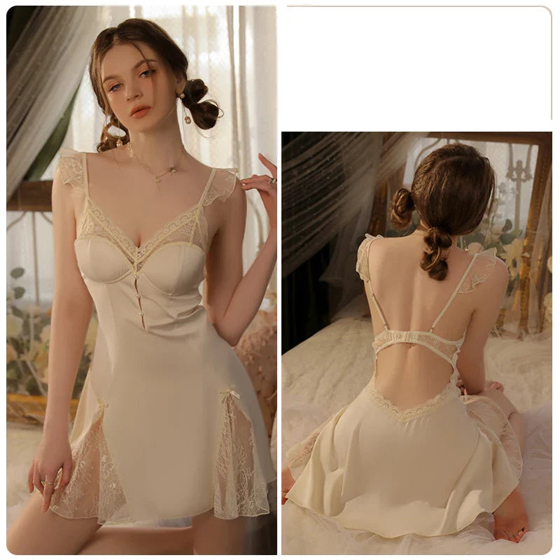 YESMYTOOL  -  New Lace Ice Silk Sing Nightgown with Chest Pad Sexy Lingerie Nightdress Erotic Dress Women Sleepwear Pajamas Bathrobe