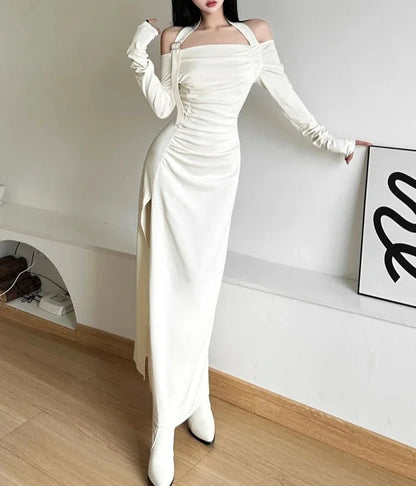 Autumn Evening Party Intellectual Elegant Dignified Mature Sexy Feminine Pure Color Simple Women'S  Long Neck Dress