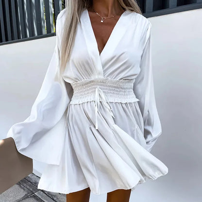 YESMYTOOL  -  Women Mini Dress Solid Flare Sleeve Lace-Up Fashion Sweet Loose Causal Party Dress Spring Summer Elastic Waist V-Neck Streetwear