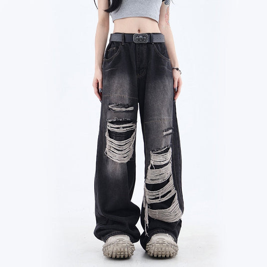 Y2K Vintage Black Hole Women Jeans Bf Summer Blue High Waist Hip Hop Loose Wide Leg Pants Korean Solid Straight Denim Pants New