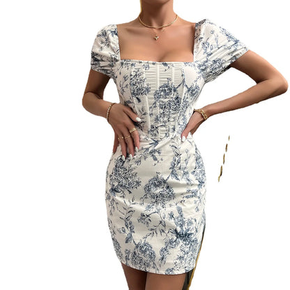 YESMYTOL  -  Women's New Ink Printed Midi Dress Sexy Low Cut Fishbone Corset Dresses Women's Dress Beach Style Daily Dress