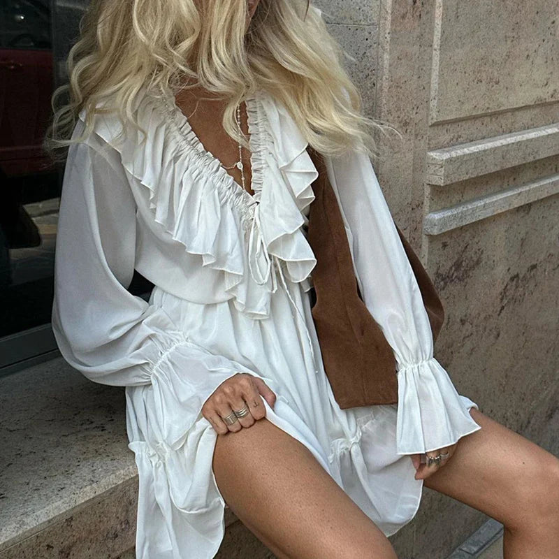 YESMYTOOL  -  Fashion Ruffle Deep V Pleats Short Dress Spring Summer Flare Sleeves Elastic Waist Holiday Dress Lady Elegant Party White Dress