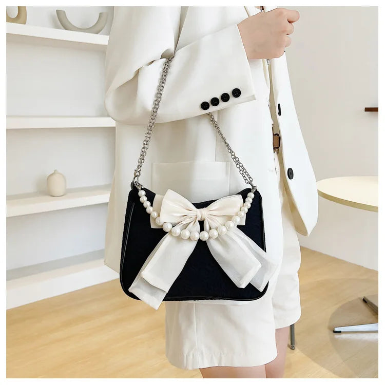 Vintage Bowknot Women Underarm Bags Faux Pearl Chain Ladies Shoulder Crossbody Bag Female Soft Nylon Purse Small Tote Handbags