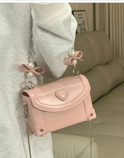 Sweet Pink Messenger Bag Women Fairycore Aesthetic Handle Pearl Chain Crossbody Bags Ladies Harajuku Heart Y2k Hand Bag