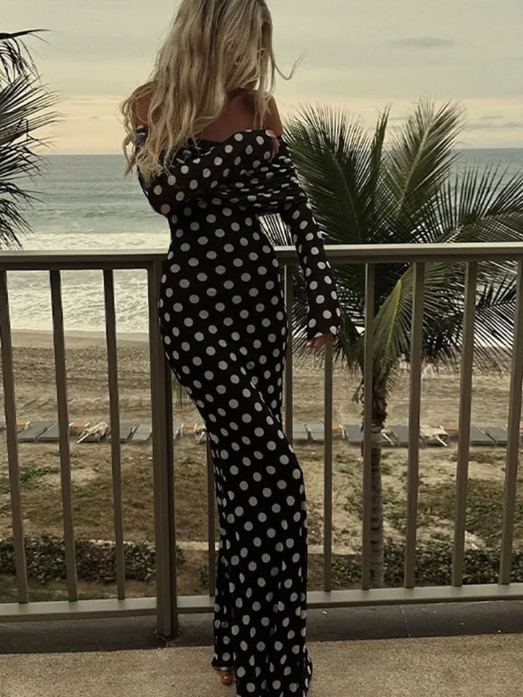 YESMYTOOL  -  Women Polka Dot Printed Off Shoulder Patchwork Maxi Dress Female Slim Fit Long Sleeves Vintage Vestidos Chic Lady Elegant Robe