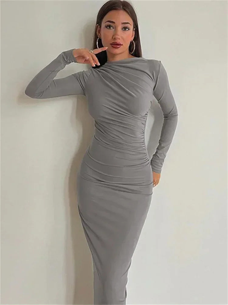 Pleated Long sleeved Slim Maxi Dress Women Solid Fashion Elegant Party Dress Gown Off-Shoulder High Waist Bodycon Dress