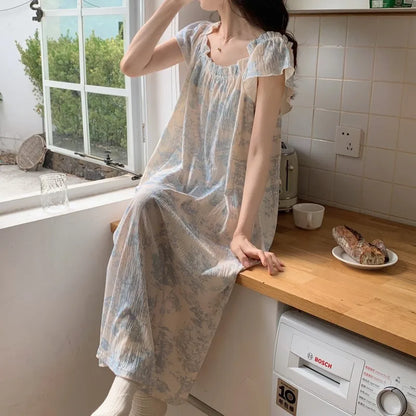 YESMYTOOL  -  Causal Pure Cotton Maxi Dress With Bra Pad Puff Sleeve Flora Print Loose Vestidos Women Chic Summer Holiday Sundress Robe Girls