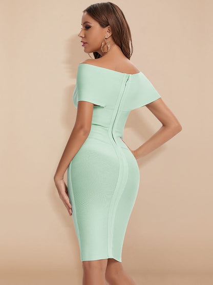 Summer Women Sexy Off Shoulder V Neck Bandage Dress Green Bodycon Sheath Elegant Knee Length Party Club XL Vestido dingdamall mid size graduation outfit romantic style teen swag clean girl ideas 90s latina aesthetic