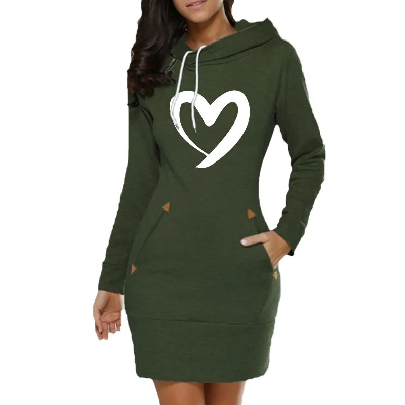 Women Hoodie Dress solid color long-sleeved drawstring hoodie dress, pocket loose hooded pullover sweatshirt dress 5 Colors