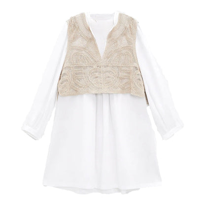 spring and summer sweet temperament all-match fake two-piece hollow knitted vest stitching shirt-style loose casual dress