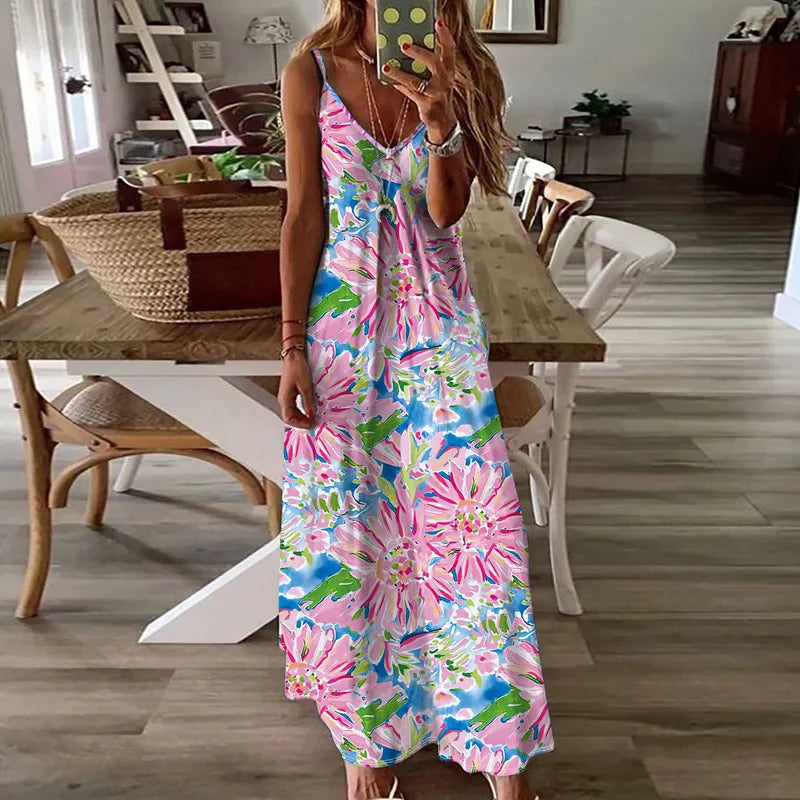 YESMYTOOL  -  2024 Summer Bohemian Long Dress Women's V-neck High Waist Pattern Printed Dress Casual Hollow Sleeveless Spaghetti Strap Dresses