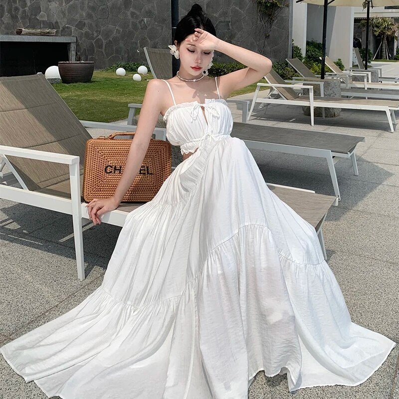 Women Beach Holiday White Dress Summer Backless Hollow Out Lace Up Bandage Long Dresses Female Club Party Fairy Maxi Dress