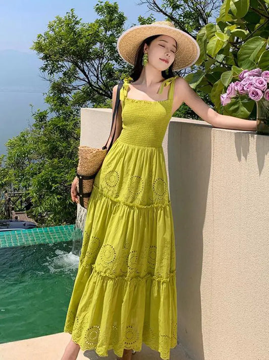 Summer Beach Backless Hollow Out Bandage Slip Dress Women Long Dress Elegant Sexy Club Evening Party Dresses Woman Green Robe