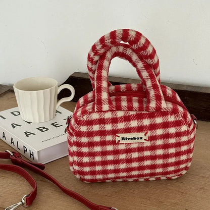 Vintage Cute Handbag for Women Red Plaid Letter Soft Kawaii Crossbody Bag Autumn Winter New Luxury Designers Shoulder Bag