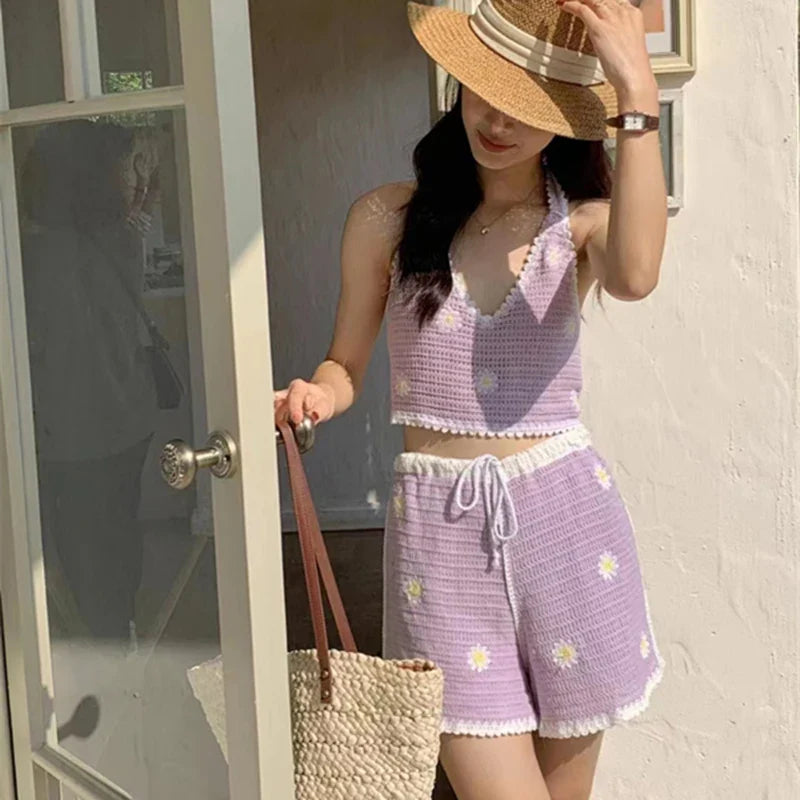 dingdamall  -  2 Piece Set Women Summer V-Neck Casual Crop Top 2024 Female Clothing Knit Embroidery Shorts Two Piece Beach Outfits