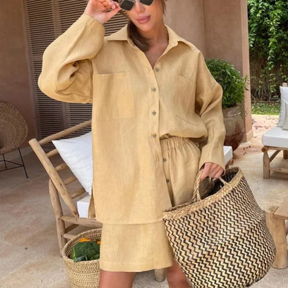 dingdamall  -  Casual Cotton Linen Sets Commuter Single Breasted Loose Long Sleeve Shirt Shorts Suit Summer Vacation 2 Piece Set Women's Outfit