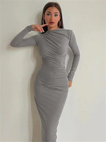 Fashion Pleated Autumn Dress Patchwork Elegant Women Long Sleeve Solid Vestidos Slim High Waist Bodycon Maxi Dress