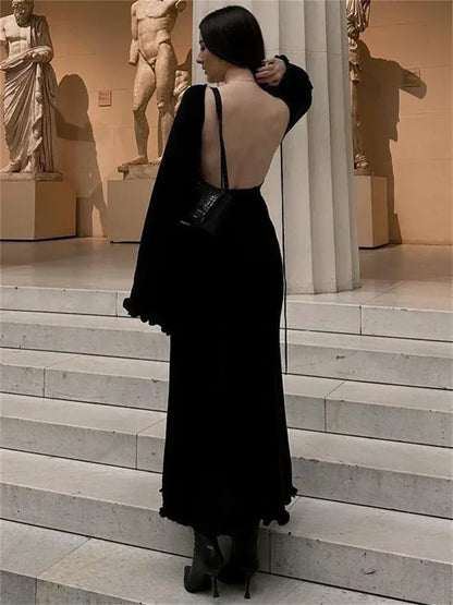 Knitted Backless Long Dress For Women Ruffled Lace Up High Waist Maxi Dresses Femme Party Elegant Bandage Fashion Dress