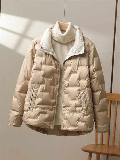 Autumn Winter Women White Duck Down Coat Casual Lapel Single Breasted Jacket Fashion Light Puffer Parka Outwear