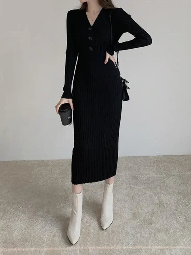 Vintage Knitted Long Sleeve Dresses Women Slim Bodycon Korean Elegant Dress Lady Winter Buttons V Neck Sweater Midi Dress